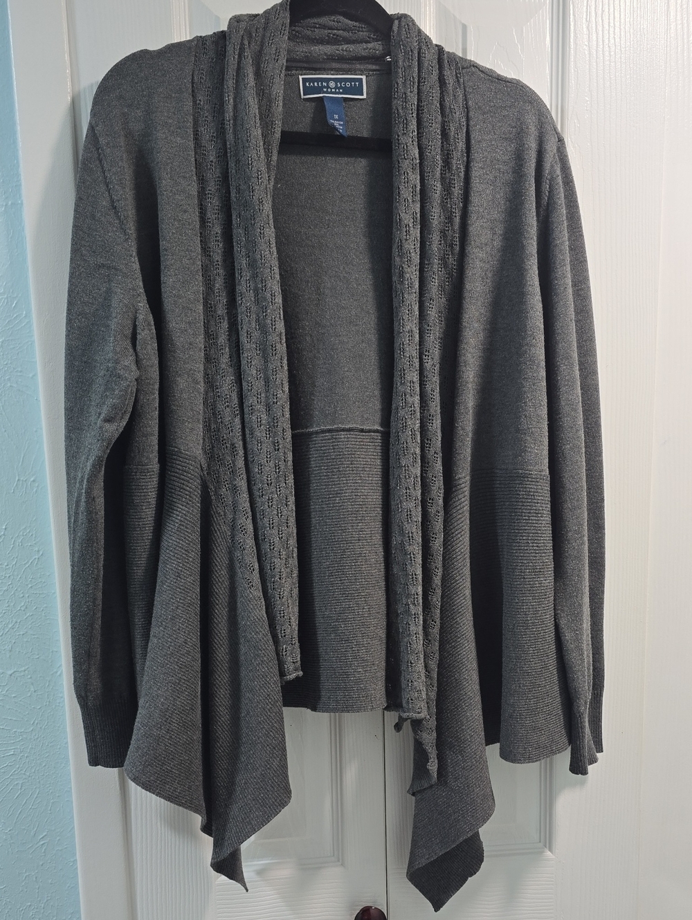 Karen Scott Charcoal Gray Draped Open-Front Cardigan